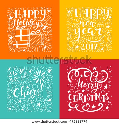 Vector set of  modern handwritten lettering for holiday decorations with cute illustrations. Trendy New Year design. Handdrawn design elements for Christmas cards and invitations. 
