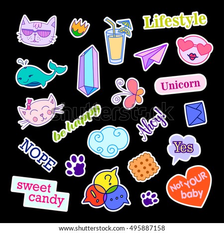 Fashion patch badges with different elements. Set of stickers, pins, patches and handwritten notes collection in cartoon 80s-90s comic style. Vector illustration isolated. Vector clip art.