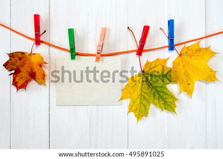 Autumn maple leaves and blank card hanging on rope with clothespins