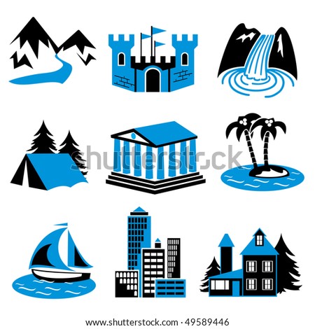places for tourism and relaxation. A set of vector icons in two colors