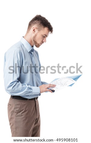 Businessman reading documents on white background