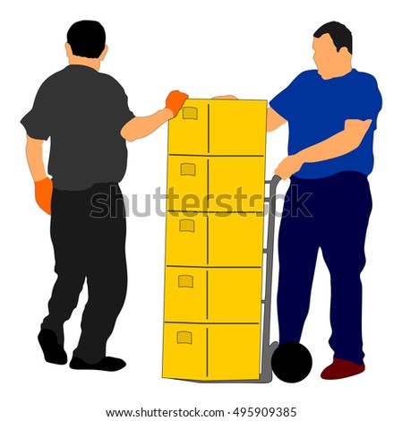wholesale, logistic, loading, shipment and people concept - man carrying loader with goods at warehouse. Transportation carrying with wheelbarrow vector illustration, team working.