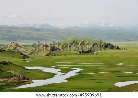 bended river in Bayinbuluke grassland Xinjiang,China