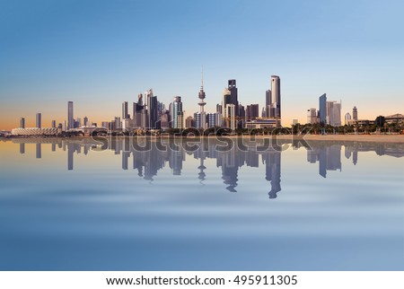 peaceful view of Kuwait cityscape during sunrise  Royalty-Free Stock Photo #495911305