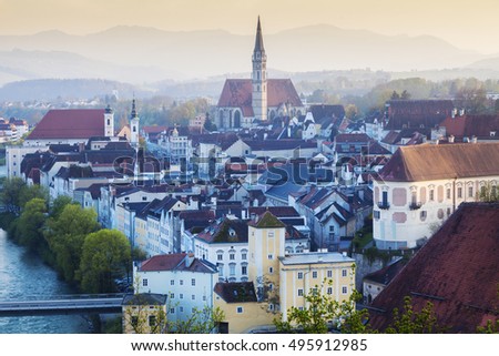 Panorama of Steyr in the morning. Steyr, Upper Austria, Austria.. Royalty-Free Stock Photo #495912985