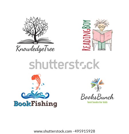 Vector ideas for bookstores, learning, reading icons. Opened book with tree, reading boy, goldfish jumping from bookwaves, bunch of opened books