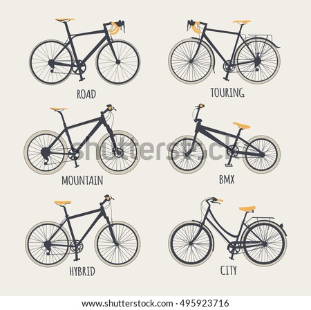 Vector set of bicycles in flat style. Guide of bike types. Poster with racing/ road bike, touring bike, mountain bike, BMX, hybrid and city bike.
