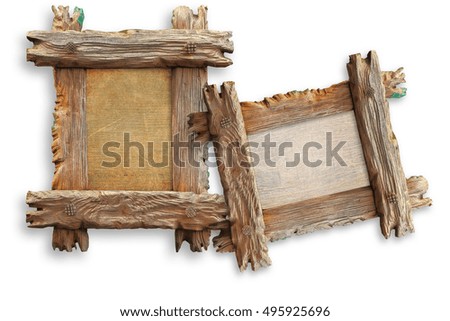 Old Wood rough frame with shades. Plywood plates as a copy space for picture, text.  Isolated on white. 