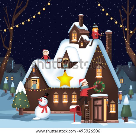 Illustration of a house decoration for winter and Christmas with kids
