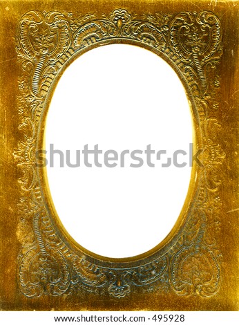 Antique gold colored metal embossed frame. Lots of grunge details intact.