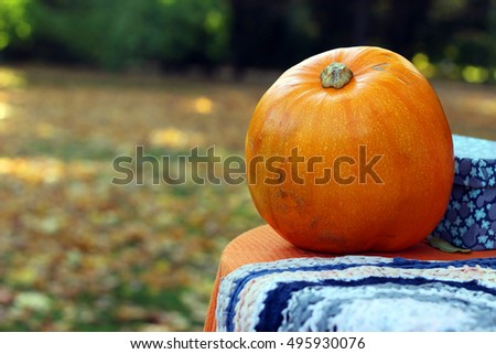 Orange Pumpkin on table outdoor with blurred autumn background
