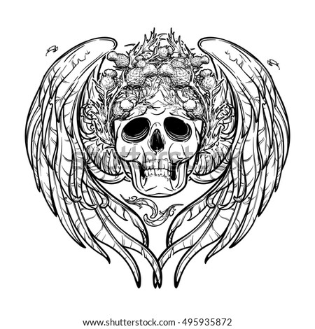 Human skull in a wreath of thistle with feathered wings behind isolated on white background. Symbolic meaning. Halloween concept art. Tattoo design. Intricate hand drawing. EPS10 Vector illustration.