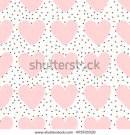 Seamless pattern with hearts in pastel pink on dots texture background.