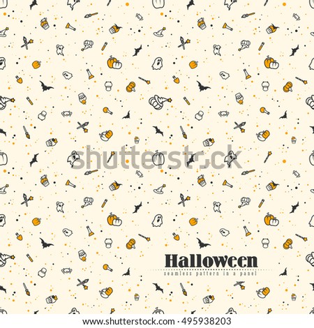 Halloween seamless pattern artistic retro design. Endless pattern collection for background, scrapbook, wrapping paper, wallpapers. Black and orange, pumpkin, ghost, spider and witch attributes.