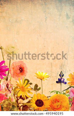 Beautiful wild flowers.Textured old paper background. Nature abstract. Vertical image. Can be used both separately and as part of a triptych (composition)