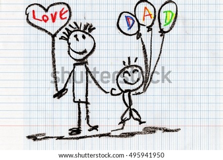Relationship of Dad and baby - drawn with crayons - Children's Artwork - Father's day concept

