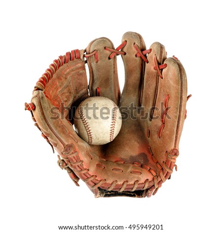 old vintage baseball glove with the baseball held in the palm isolated over white background Royalty-Free Stock Photo #495949201