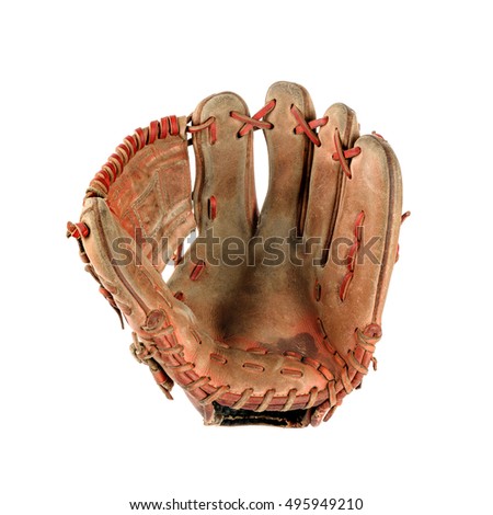 old vintage baseball glove isolated over white background Royalty-Free Stock Photo #495949210