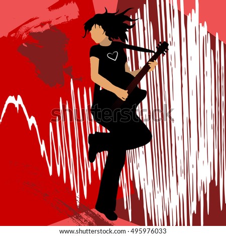 High quality original trendy vector rock star girl playing bass guitar