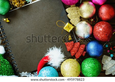 Greeting, Blank Notebook With Christmas decoration on wooden Background
