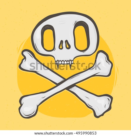 Cartoon hand drawn style skull and bones vector illustration grey on yellow