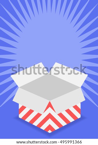 Opened surprise gift box.Flat style vector illustration isolated on blue background.