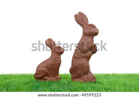 Two easter rabbits on artificial meadow, isolated over white background.