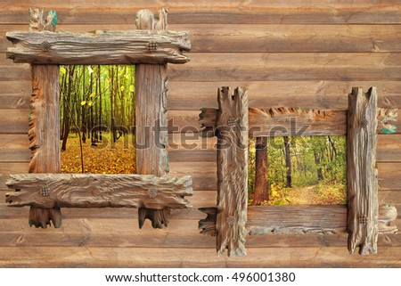 Old Wooden rough frames with textured images of fall forest. Wooden boards panel as a background. Forestry,Timber industry, Art and Environmental Protection conceptual image