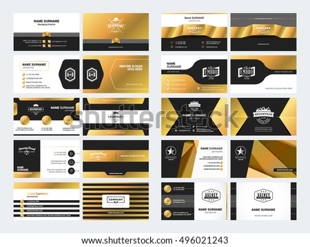 Set of elegant double-sided business card templates with logotype elements. Black and gold colors. Vector illustration. Stationery design