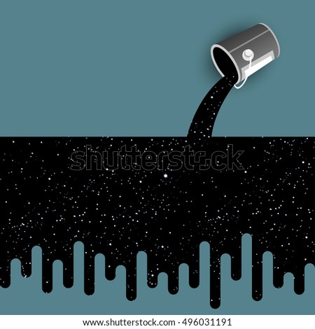 Spilled Paint pouring from bucket and Starry night sky. Concept vector illustration