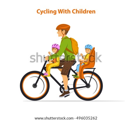 Man cycling with his children, boy and girl. Kids sitting on bike safe seats in front and back