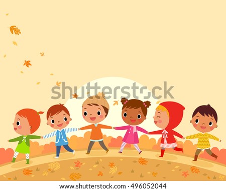 illustration of children walk on a beautiful autumn day