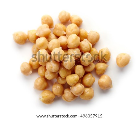 Heap of preserved chickpeas isolated on white background, top view Royalty-Free Stock Photo #496057915