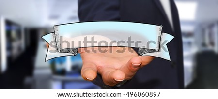 Businessman holding hand drawn banner ribbon in his hand