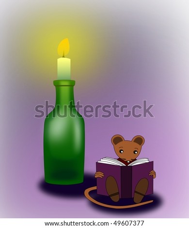 A mouse reading  book in the candlelight.