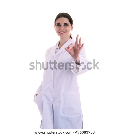 Smiling female doctor assistant scientist in white coat over white isolated background showing OK sign, healthcare, profession, science and medicine concept