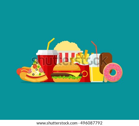 Colorful Fast food vector isolated on background. Fast food hamburger dinner and restaurant, tasty set fast food many meal and unhealthy fast food classic nutrition in flat style. Royalty-Free Stock Photo #496087792
