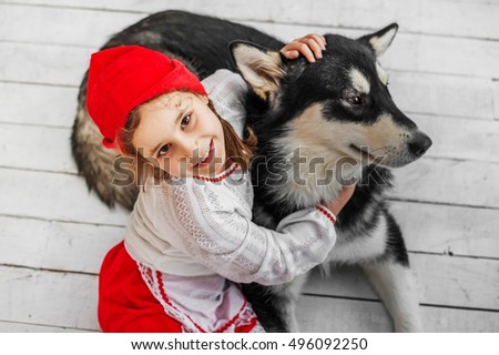 The girl in the red riding hood costume with a big dog - Gray Wolf. Fairy Tale "Little Red Riding Hood"