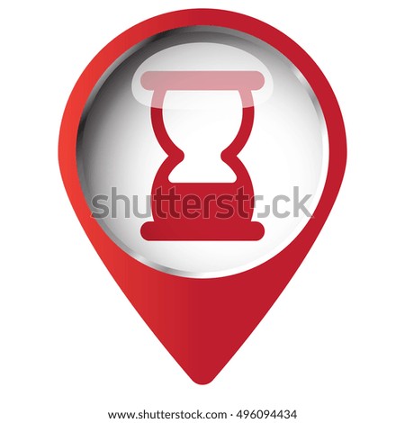 Map pin symbol with Hourglass icon. Red symbol on white background.
