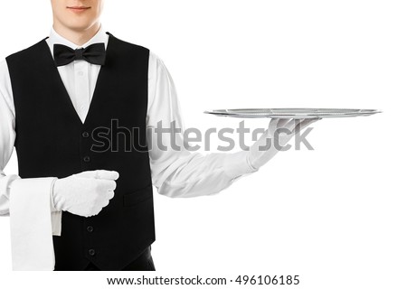 Elegant waiter holding empty silver tray on hand isolated on white background Royalty-Free Stock Photo #496106185
