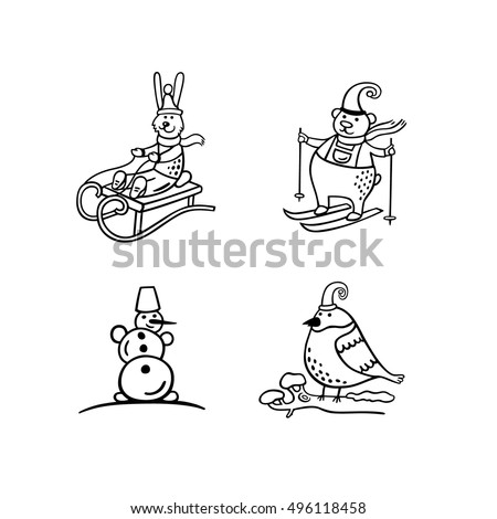 Christmas characters. Vector set of cute isolated snowman, rabbit on a sledge, bear skiing and bird in a hat. Black and white christmas icons for winter design