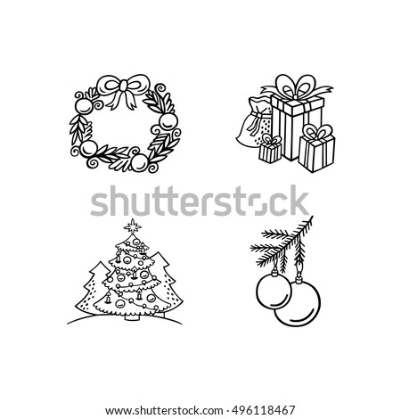 Christmas objects. Vector set of cute isolated fur tree, gifts in boxes with ribbons, holiday wreath and glass balls on a branch. Black and white christmas icons for winter design