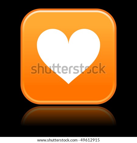 Matted orange squares button with heart and reflection on black
