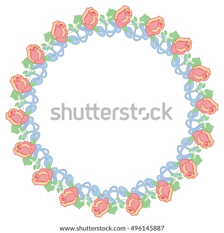 Round frame with roses with free space for text or photo. Flower wreaths. Copy space. Raster clip art.
