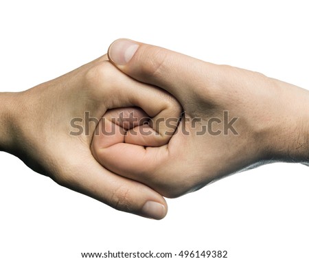 Male and female hands connected with each other  together and forever. This Image isolated on white background for easy  transfer in your design.