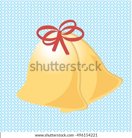 New Year and Xmas cars. Christmas bells on the knitted blue background. Vector picture of great holiday symbol.