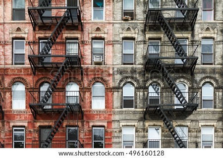 Old Brick Apartment Buildings in the East Village of Manhattan, New York City Royalty-Free Stock Photo #496160128