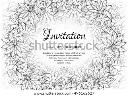 Monochrome Floral Template with Place for Text. Abstract Flowers with Hand Drawn Ornament. Layout for Greeting Card, Cover Page etc. Clipping Mask Used for Editability