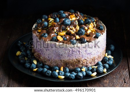 Homemade Tasty Blueberry Cheesecake for Christmas or New Year, Dark Food Photography, Horizontal View