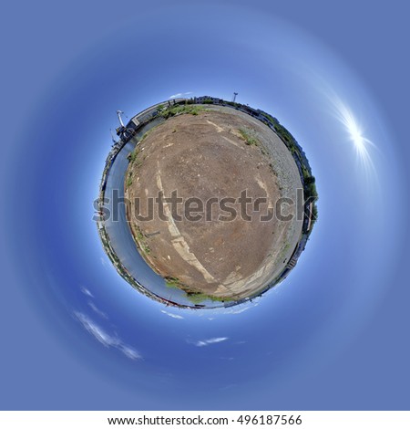 360 degree spherical panorama of sea port in a form of little planet